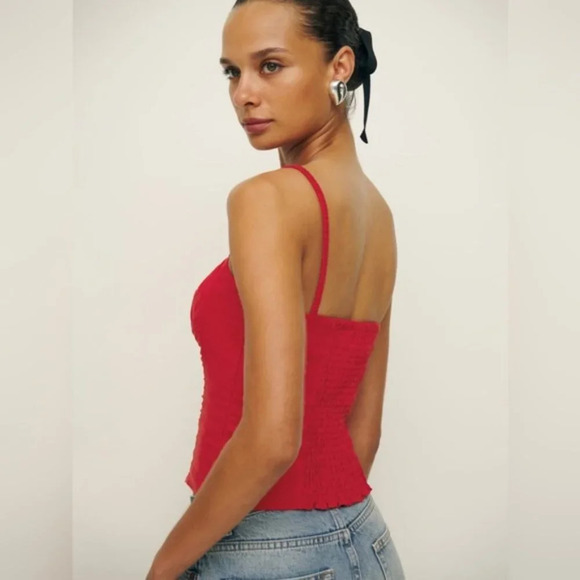 NEW Reformation Emery Linen Top in Lipstick Red Flower Detail | size 0 - Picture 3 of 11